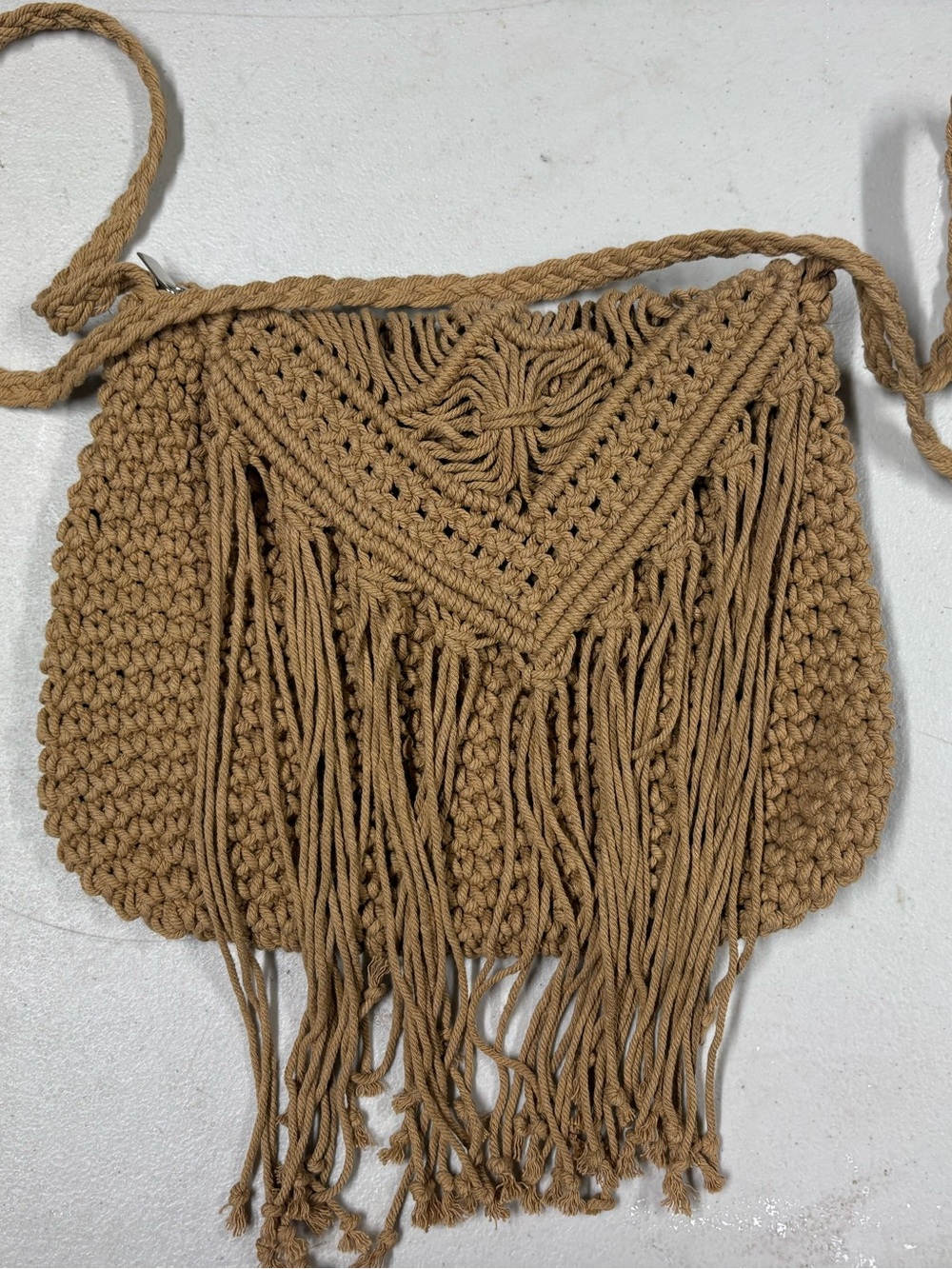 Boho Handwoven Fringe Crossbody Bag in Camel Brown